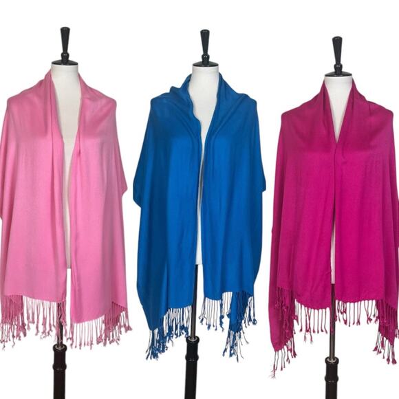Women’s Bundle 9 Oblong Scarfs Solid Color Fringe Pink Teal Yellow Red Brown Tan - Picture 2 of 16